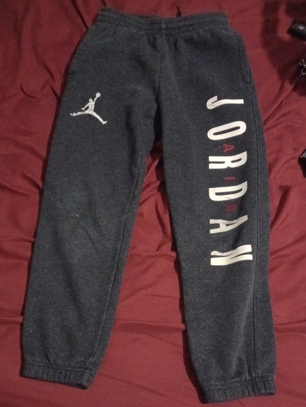 Jordan Dark Gray Joggers Sweatpants with White Logo For Boys Size Small 8-10 Yrs